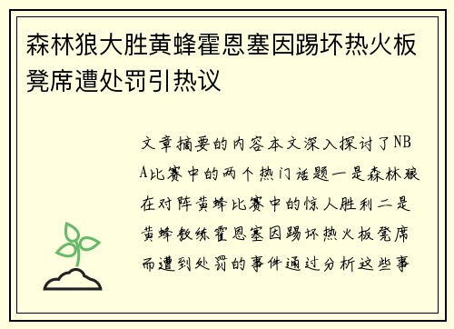 森林狼大胜黄蜂霍恩塞因踢坏热火板凳席遭处罚引热议