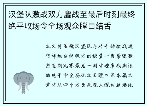 汉堡队激战双方鏖战至最后时刻最终绝平收场令全场观众瞠目结舌
