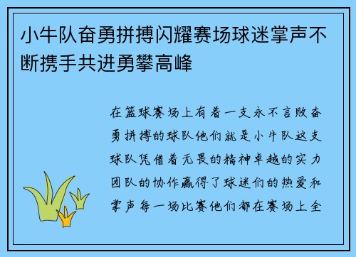 小牛队奋勇拼搏闪耀赛场球迷掌声不断携手共进勇攀高峰